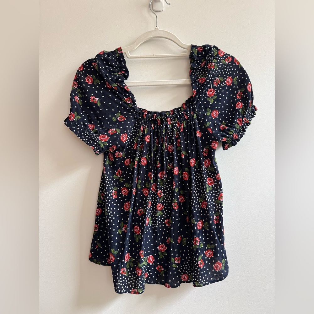 Sezane Navy Puff Sleeve Floral Top Sz 34